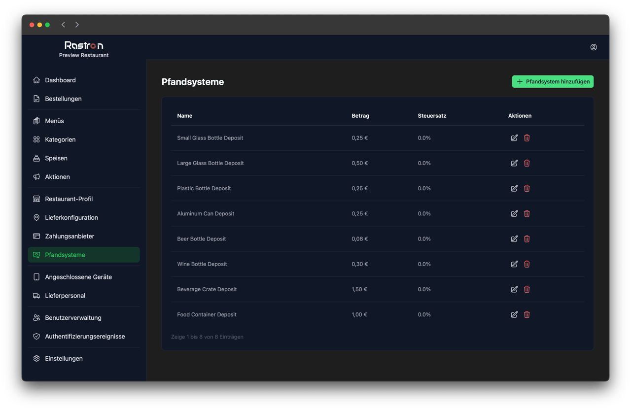 Pfandsystem-Konfiguration