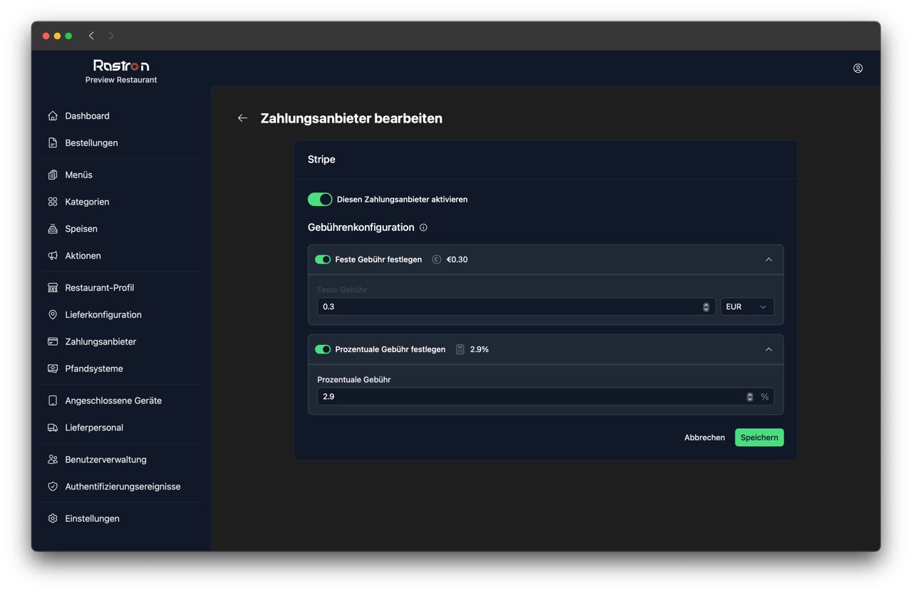 Zahlungsgebühren-Konfiguration